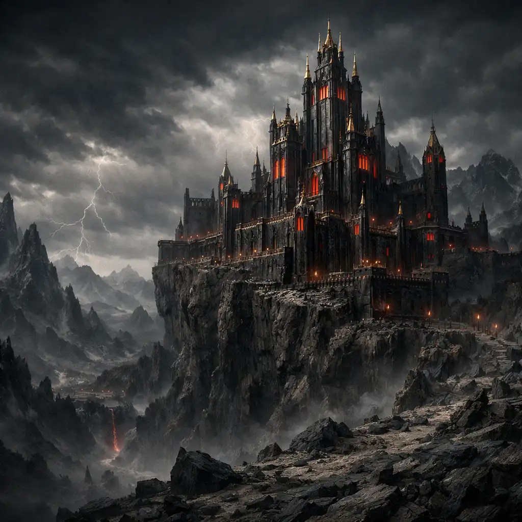 Prostředí Return to Realms: masivní obsidiánová citadela na útesu pod bouřkovou oblohou s karmínovými okny a zlatými akcenty.