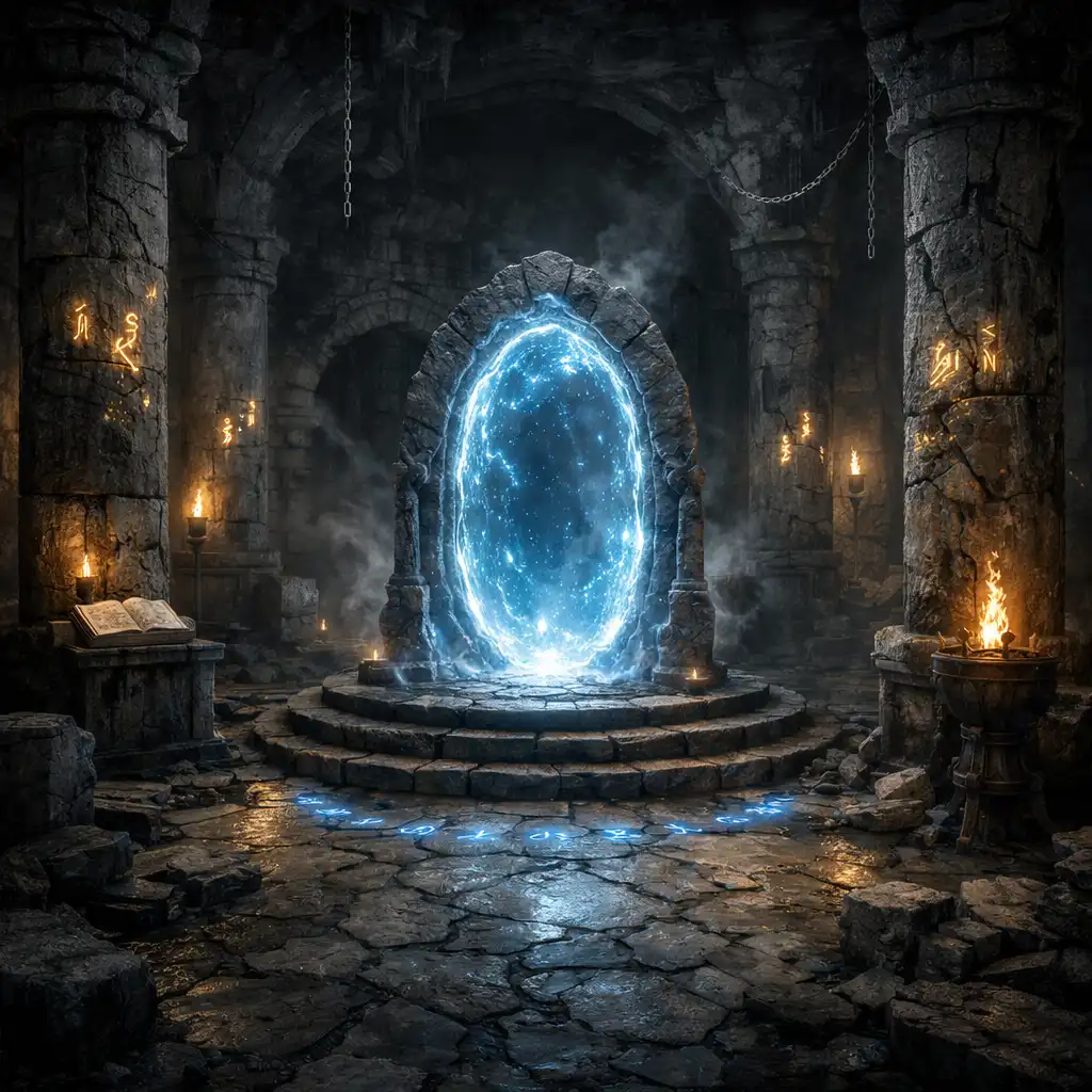 Prostředí Return to Realms: interiér starověkého dungeonu s kamennými sloupy, zářícími runami a mystickým portálem uprostřed.