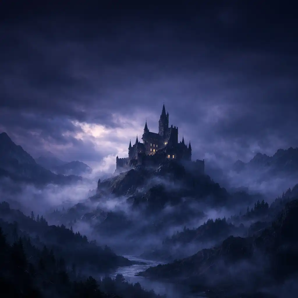 Tmavá fantasy krajina s hradem na kopci