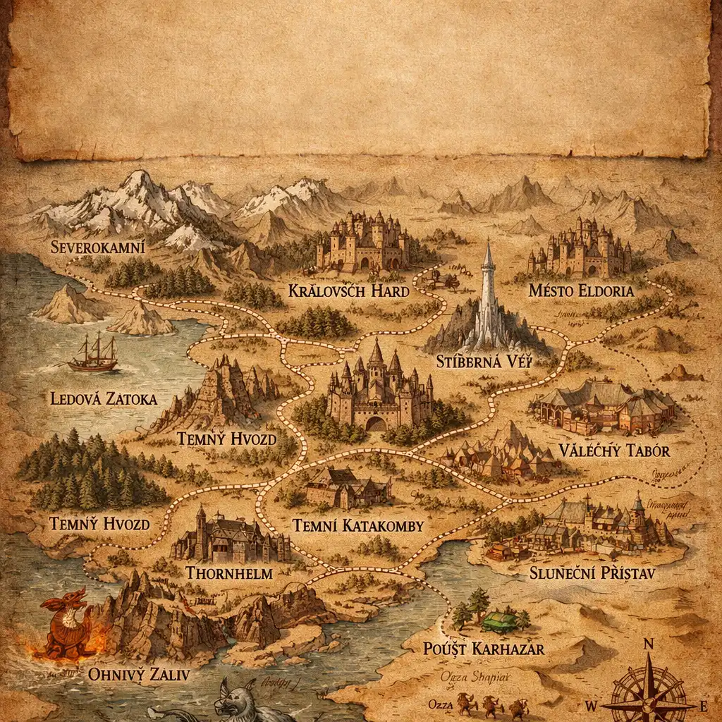 Mapa fantasy světa s vyznačenými cestami