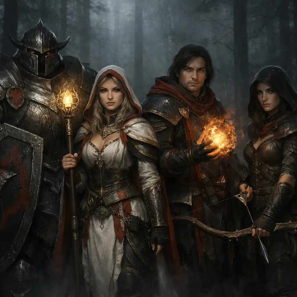 Skupina fantasy hrdinů připravená k boji v lese Return to Realms
