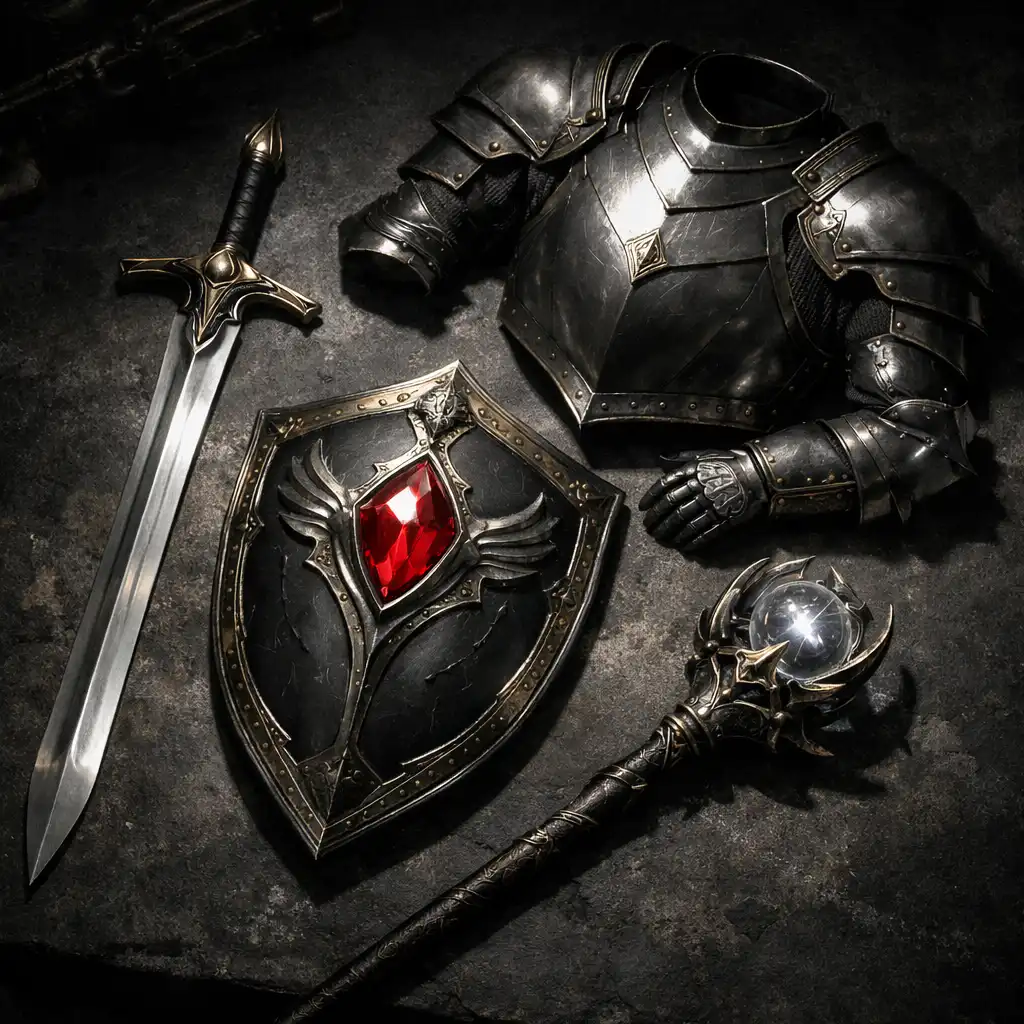 Sbírka fantasy zbraní a brnění pro tier list vybavení Return to Realms