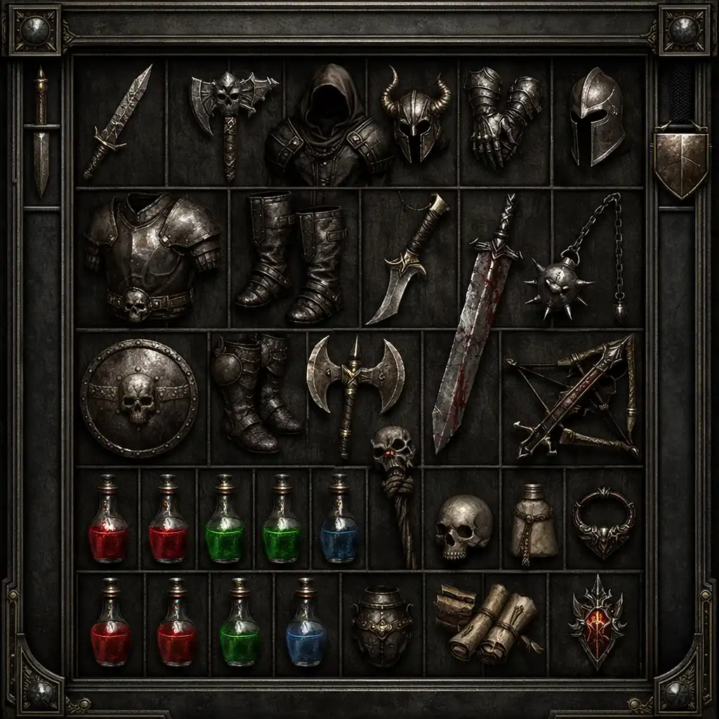 Inventář v Return to Realms: mřížka zbraní, brnění a lektvarů s ocelovými rámečky a zlatými akcenty.