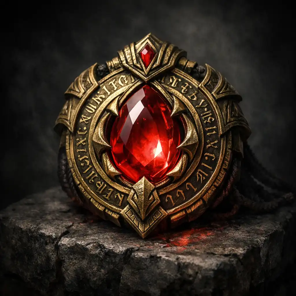 Relikvie v Return to Realms: zlatý amulet s velkým karmínovým drahokamem na tmavém kamenném podstavci, zářící vnitřním světlem.