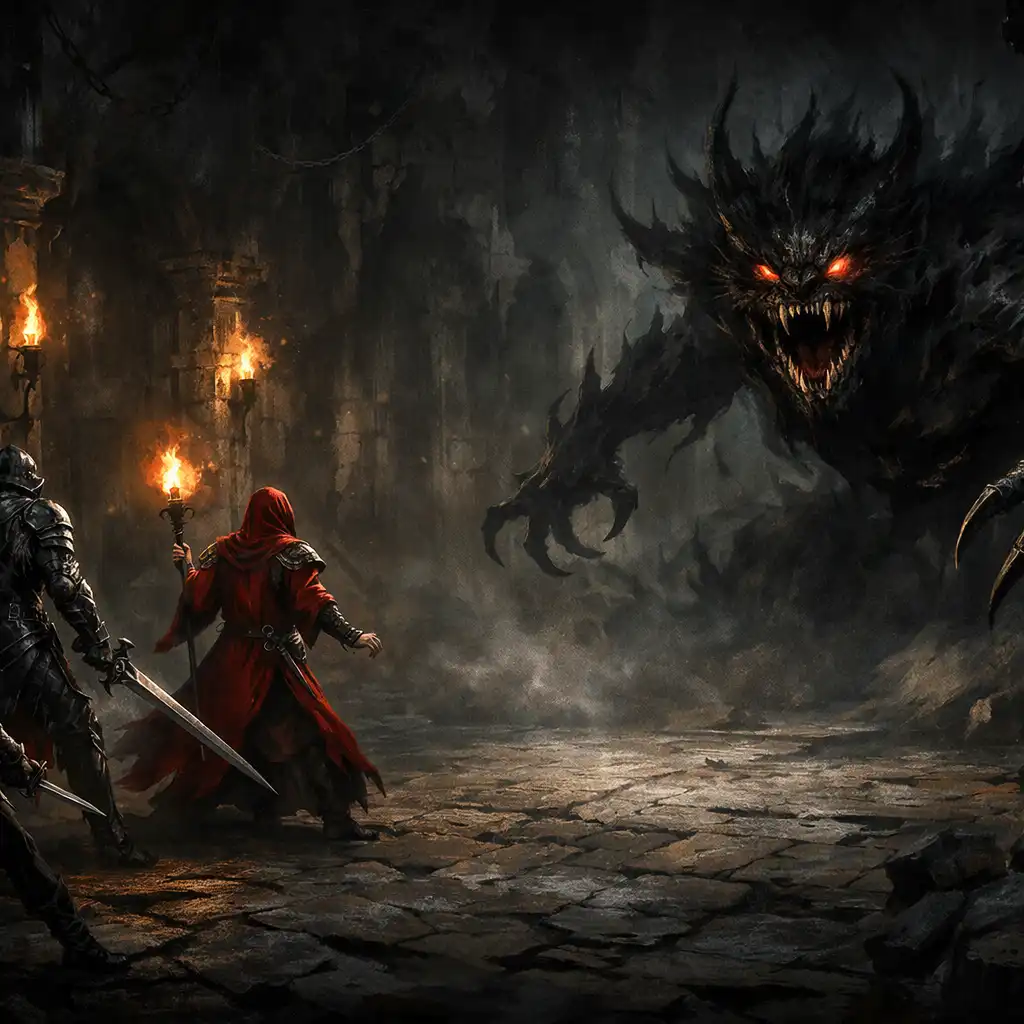Dramatická bitva hrdinů proti stínové bestii v temném žaláři Return to Realms