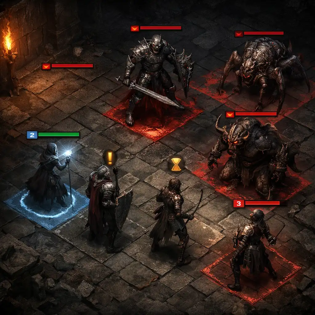 Taktický souboj v Return to Realms: hrdinové v brnění na mřížkovém bojišti proti monstrům, osvětleni pochodněmi a magickými efekty.